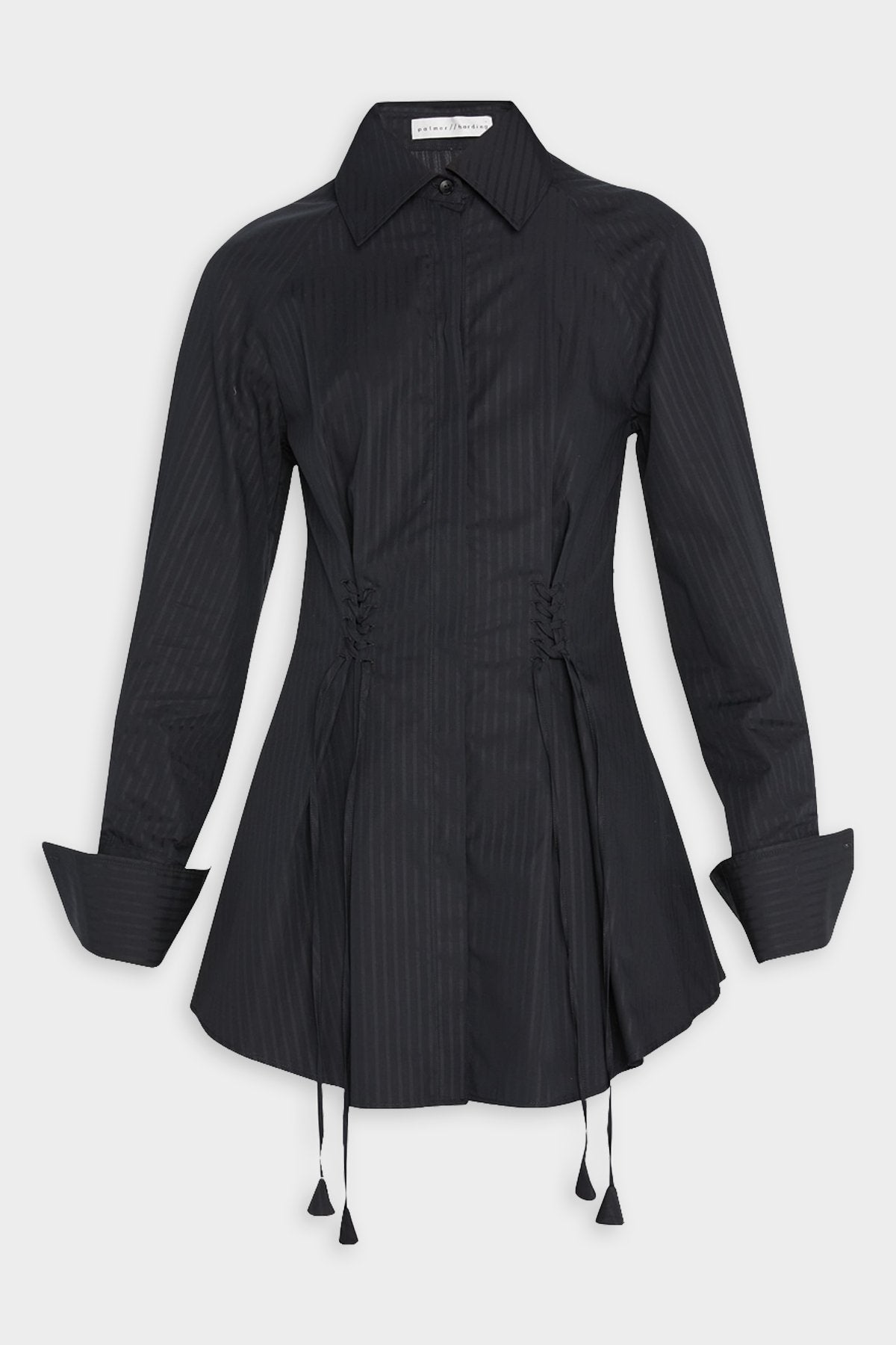 Sutured Fitted Shirt in Black Satin Stripe - shop-olivia.com