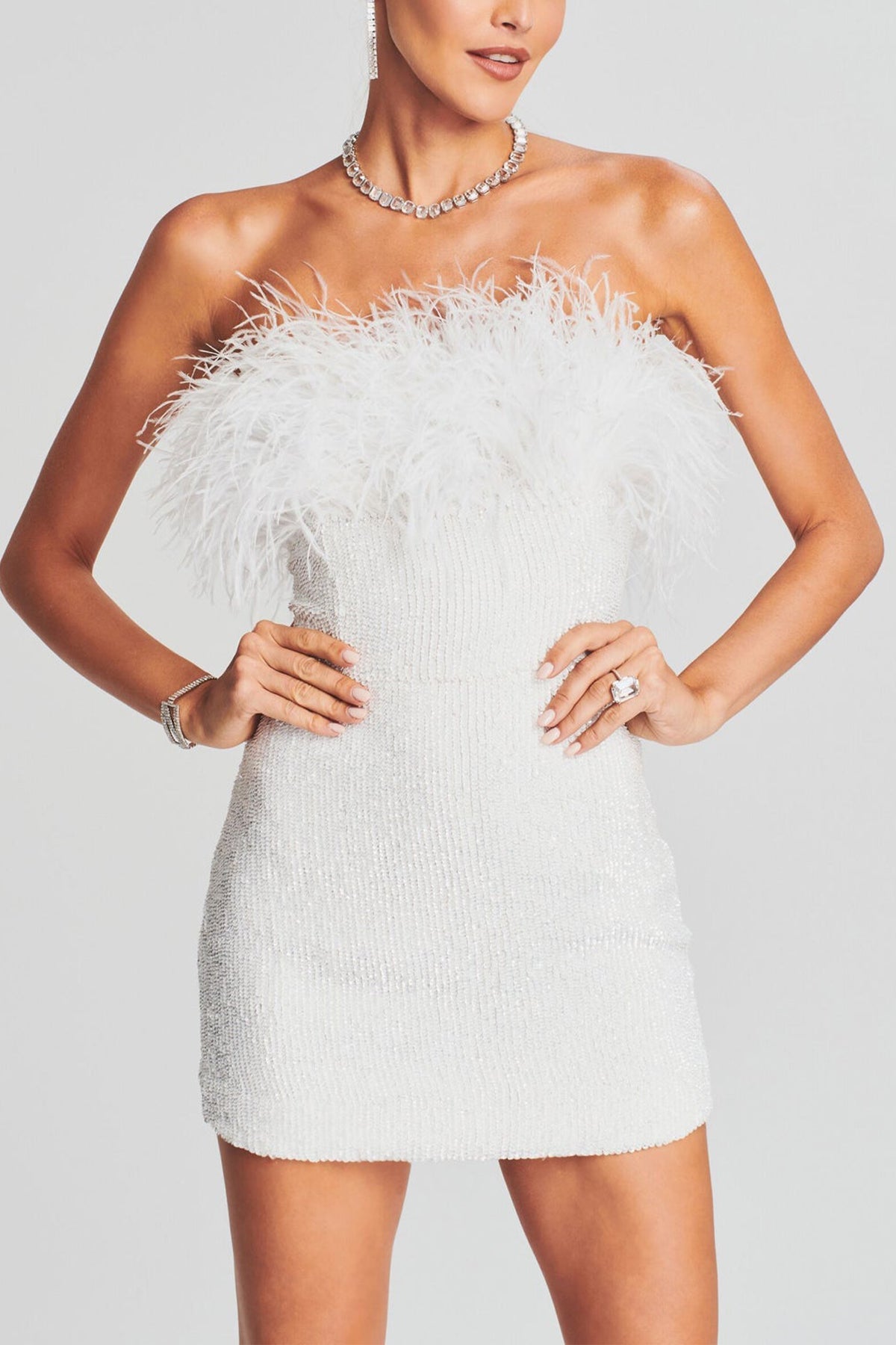 Torin Sequin Feather Mini Dress in White - shop-olivia.com