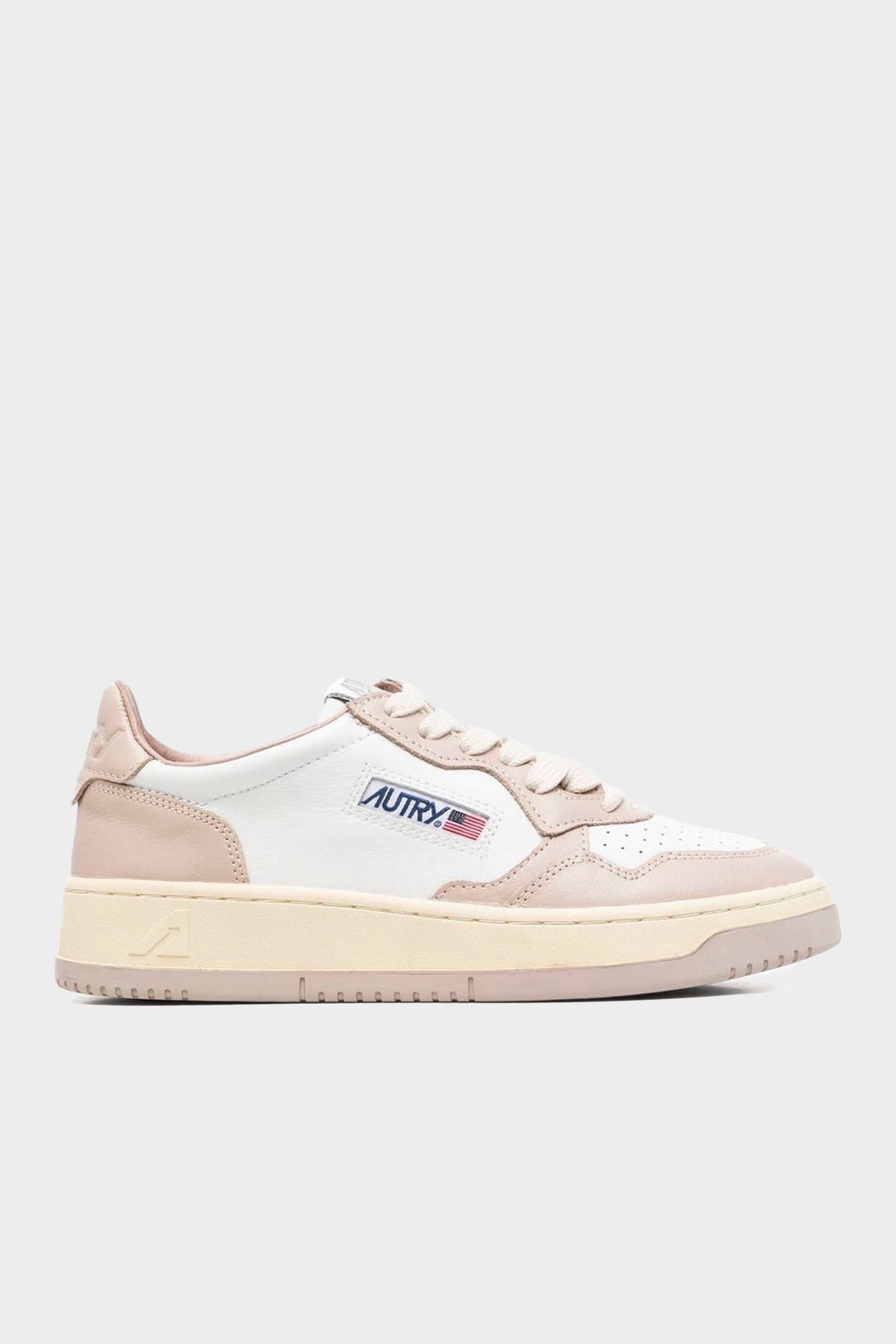 Two-Tone Medalist Low Leather Sneaker in White and Mushroom - shop-olivia.com