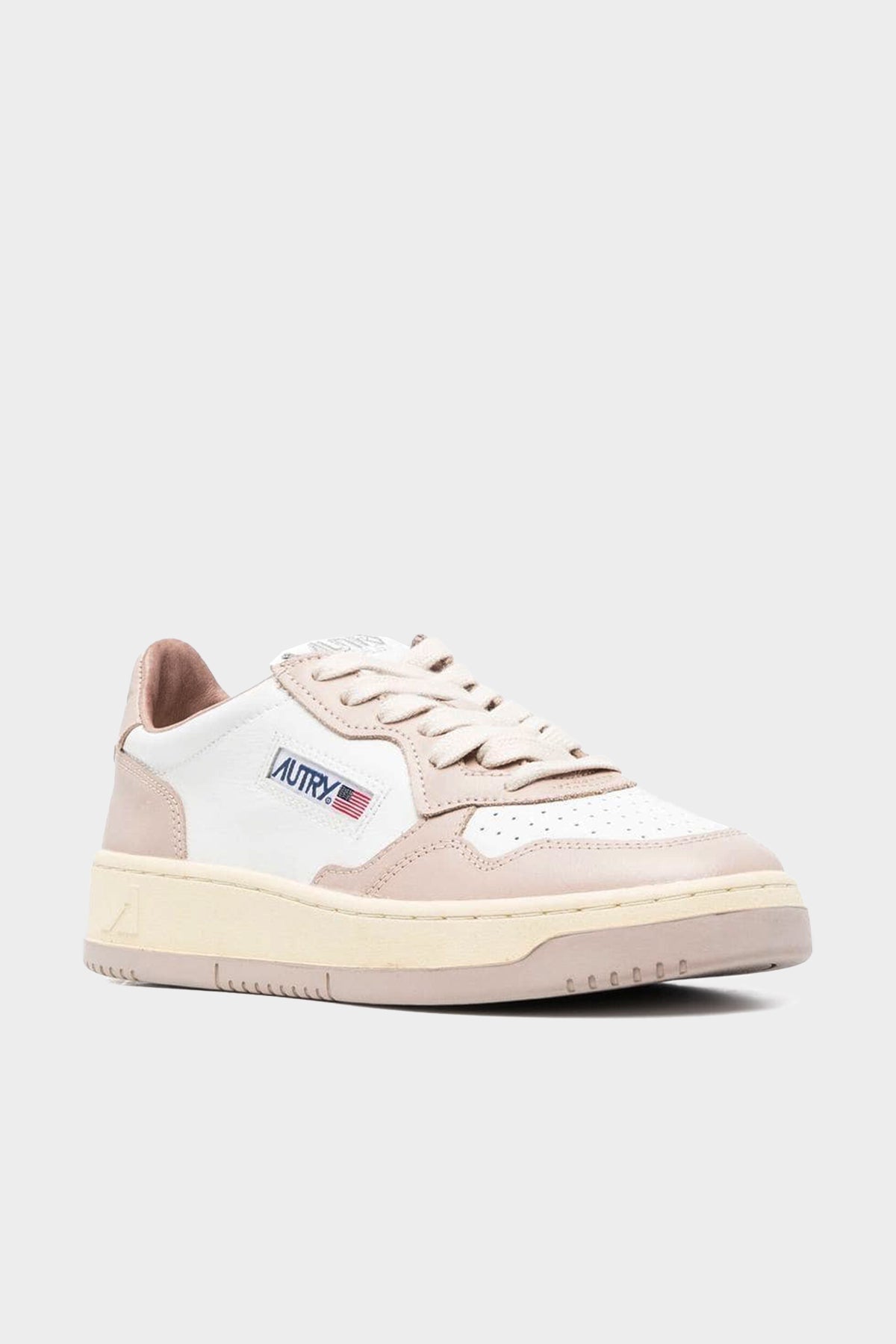 Two-Tone Medalist Low Leather Sneaker in White and Mushroom - shop-olivia.com