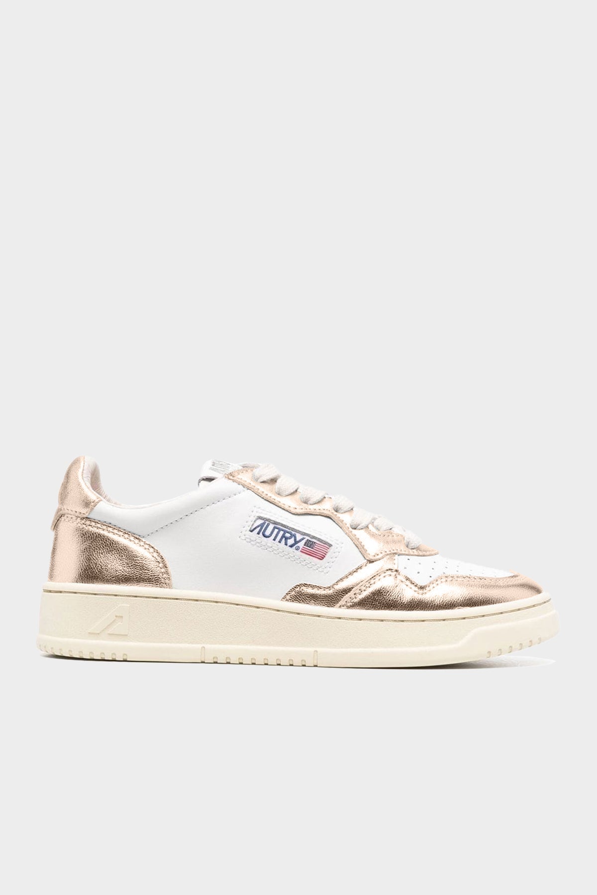 Two-Tone Medalist Low Leather Sneaker in White and Platinum - shop-olivia.com
