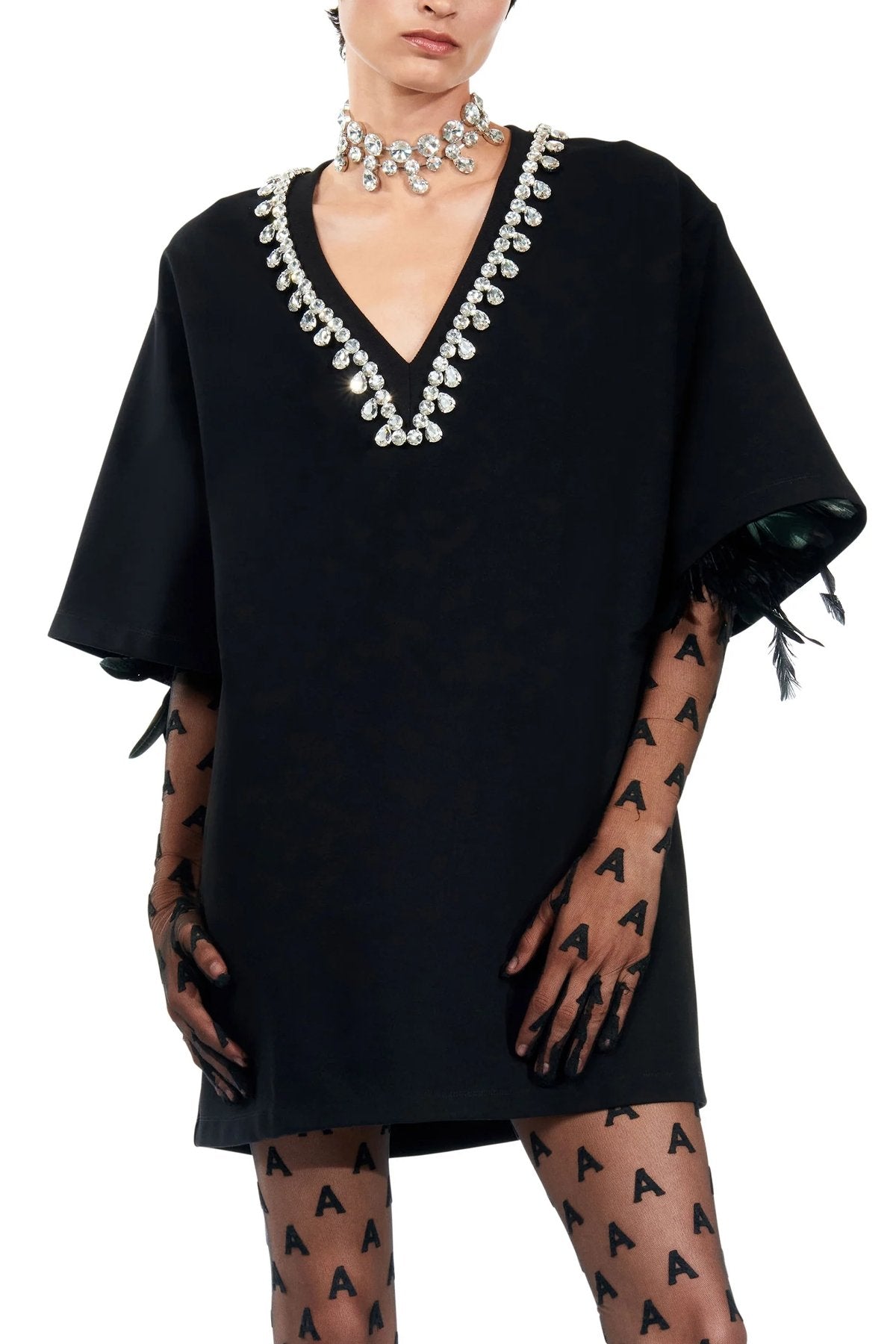 V-Neck Crystal T-Shirt Dress in Black - shop-olivia.com