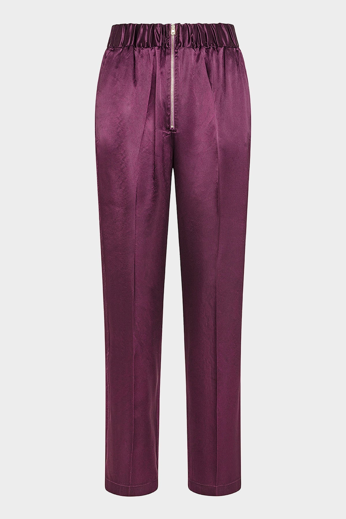 Viscose Satin Chic Elastic Pants with Frontal Zip in Ruby - shop-olivia.com