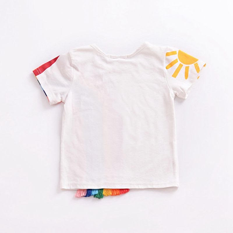 White Short Sleeve Sun and Rainbow Tassel T Shirt - shop-olivia.com