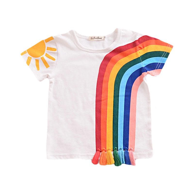 White Short Sleeve Sun and Rainbow Tassel T Shirt - shop-olivia.com