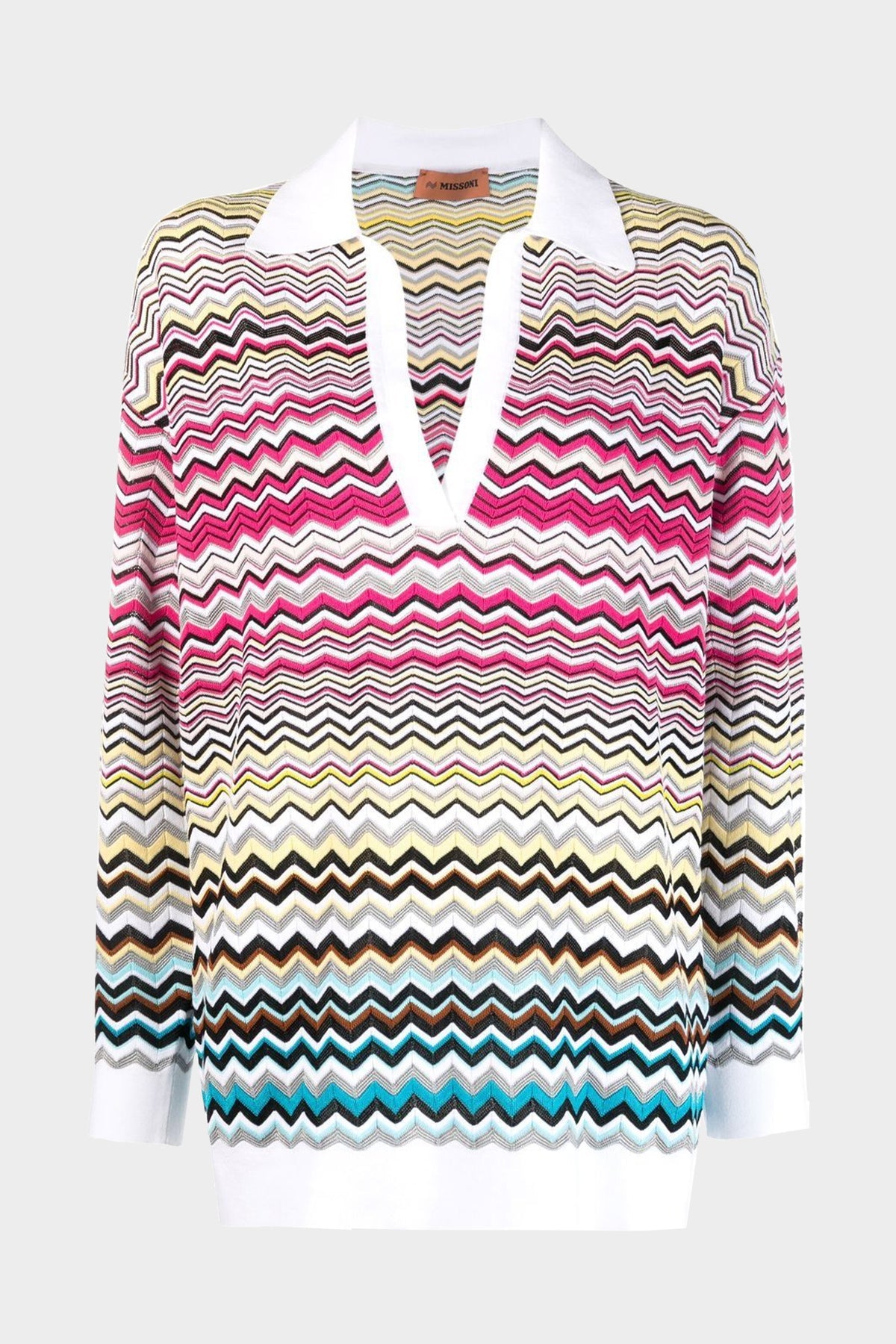 Zig-Zag Knitted Sweater Polo in White Multicolor - shop-olivia.com